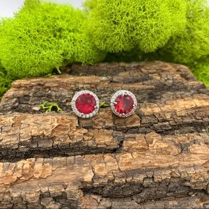 Ruby & White CZ Round Solitaire Earrings 1/2” Wide